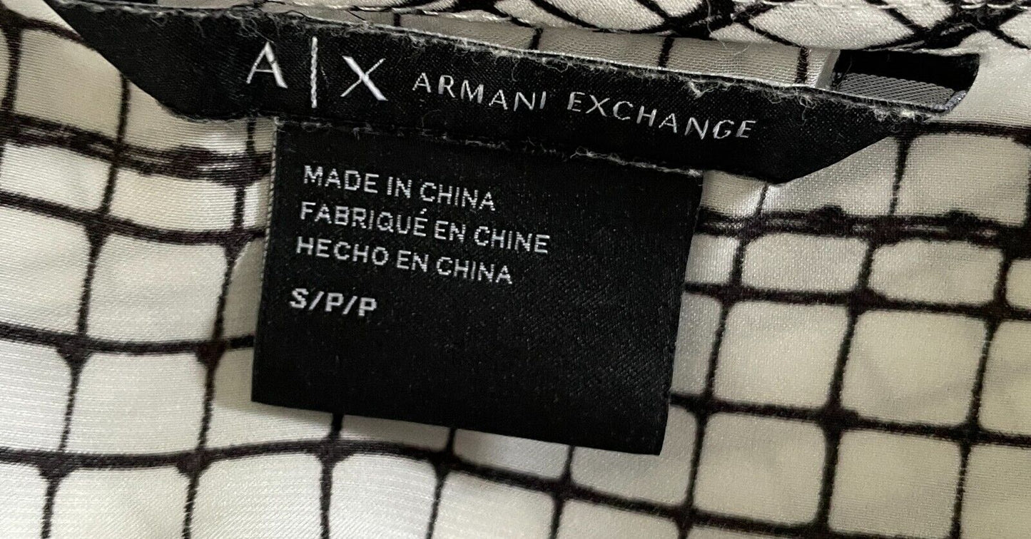 ARMANI EXCHANGE Top Blouse White & Black Check Print Long Split Sleeve Size S 10