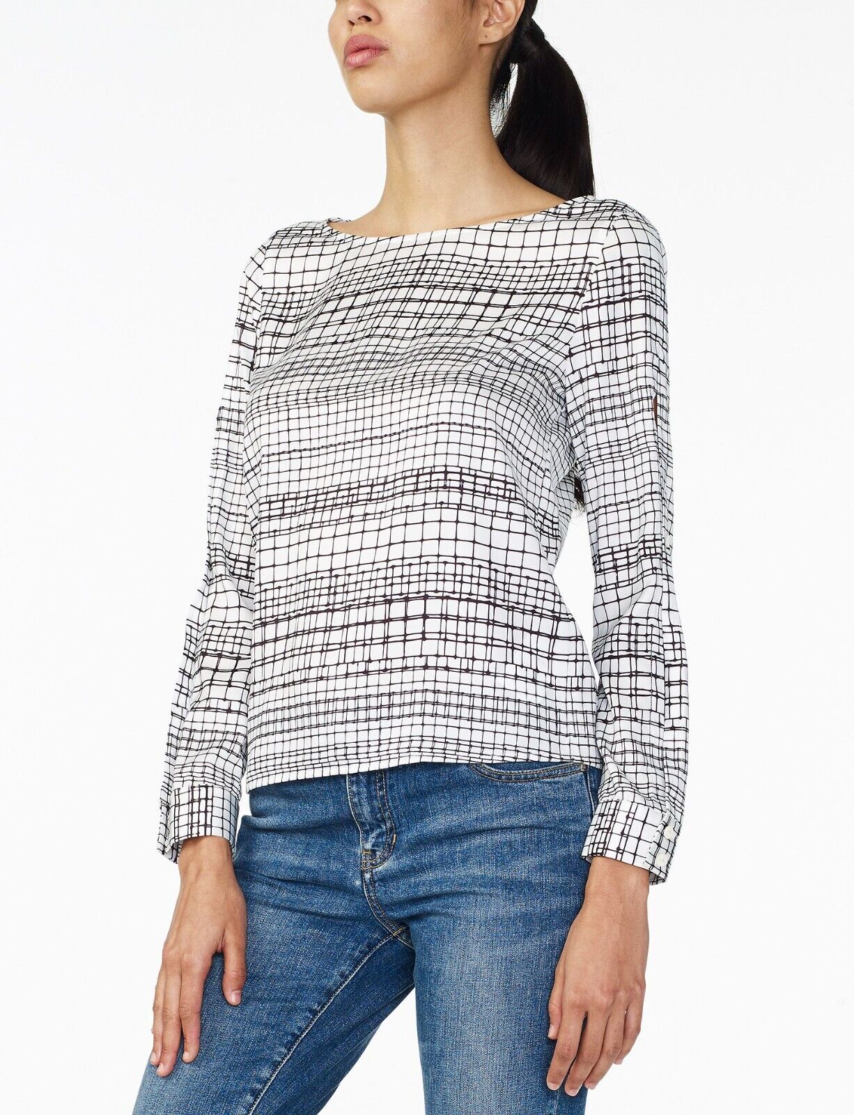 ARMANI EXCHANGE Top Blouse White & Black Check Print Long Split Sleeve Size S 10