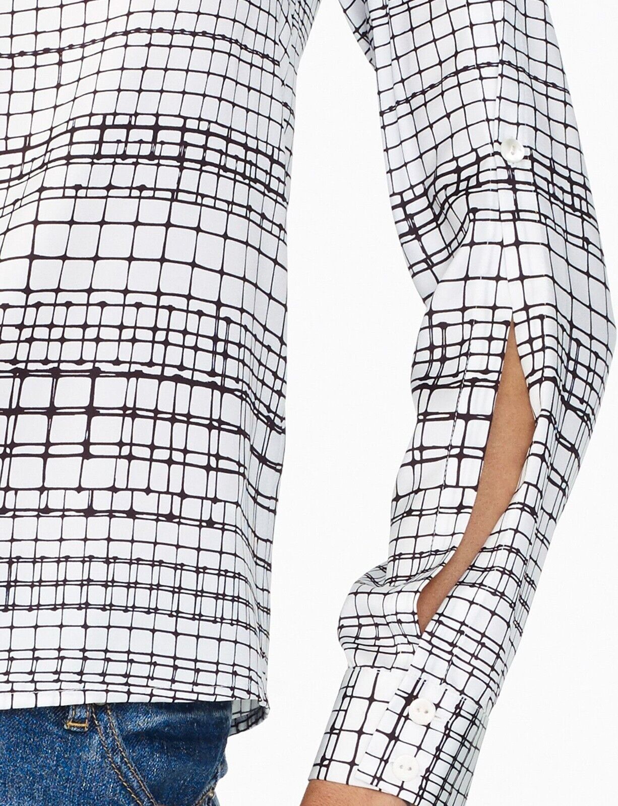 ARMANI EXCHANGE Top Blouse White & Black Check Print Long Split Sleeve Size S 10