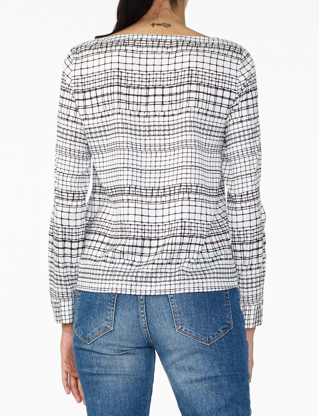 ARMANI EXCHANGE Top Blouse White & Black Check Print Long Split Sleeve Size S 10