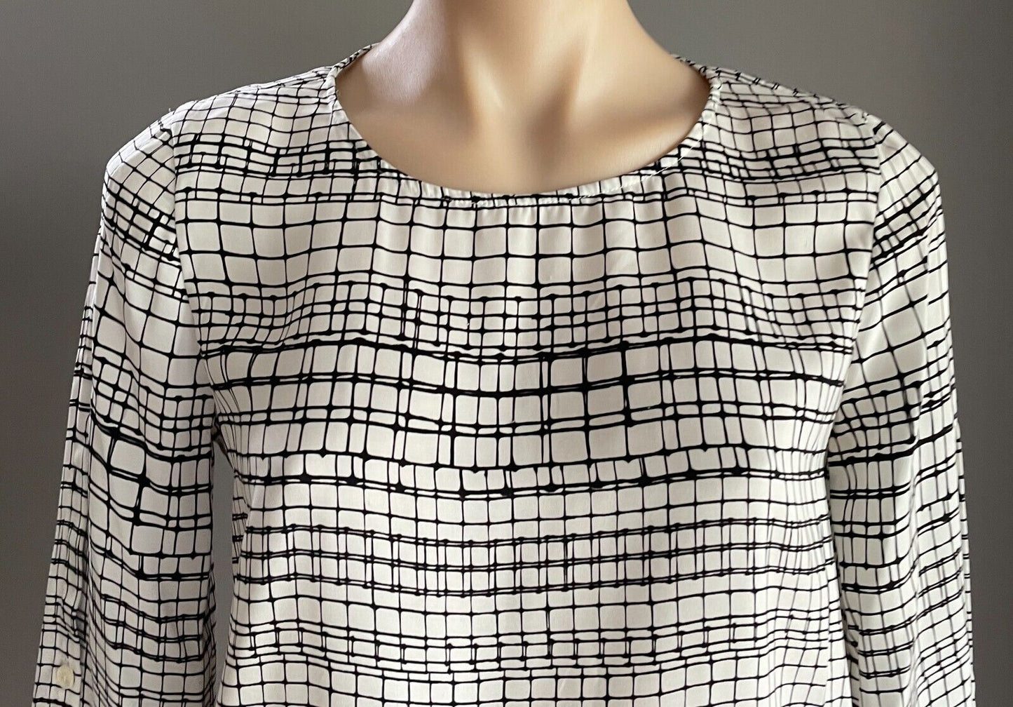 ARMANI EXCHANGE Top Blouse White & Black Check Print Long Split Sleeve Size S 10