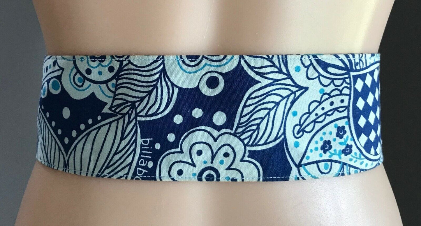 BILLABONG Fabric Belt 8cm Blue Green Abstract Print "O" Ring Ladies Size S 10
