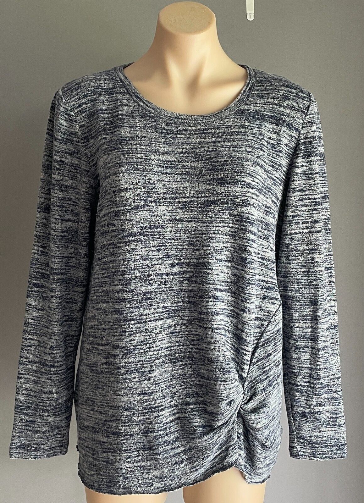 FOXWOOD Long Sleeve Top Navy & Grey Marl Size 10 Knot Front Stretch Knit Fabric
