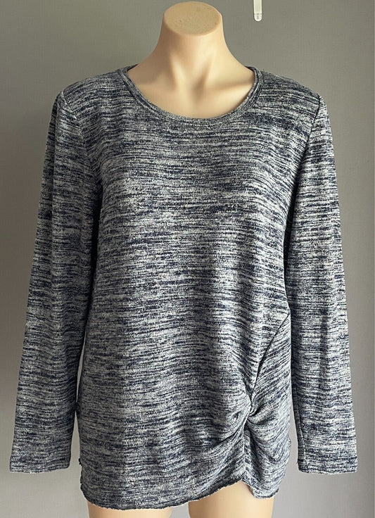 FOXWOOD Long Sleeve Top Navy & Grey Marl Size 10 Knot Front Stretch Knit Fabric
