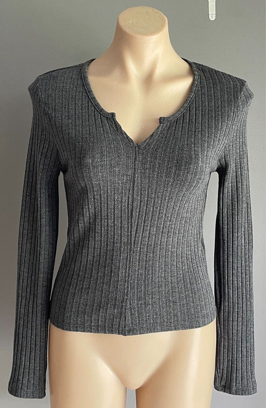 ALL ABOUT EVE Grey Marl Ribbed Knit Top Long Sleeve Size 12 Stretch Cotton