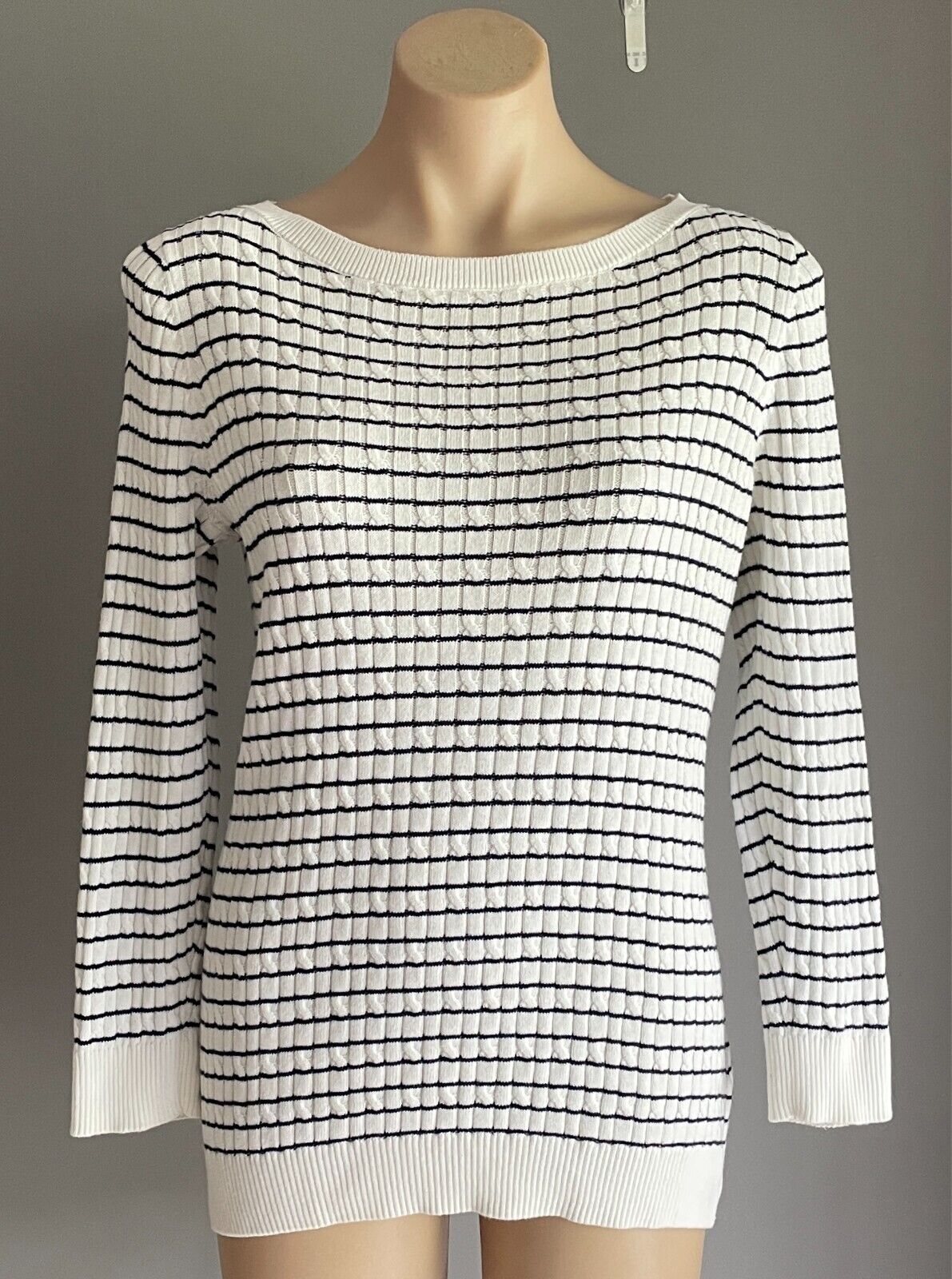 JNY JONES NEW YORK Cotton Knit Sweater Jumper Size L White Navy Stripe Boat Neck
