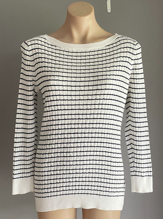 JNY JONES NEW YORK Cotton Knit Sweater Jumper Size L White Navy Stripe Boat Neck