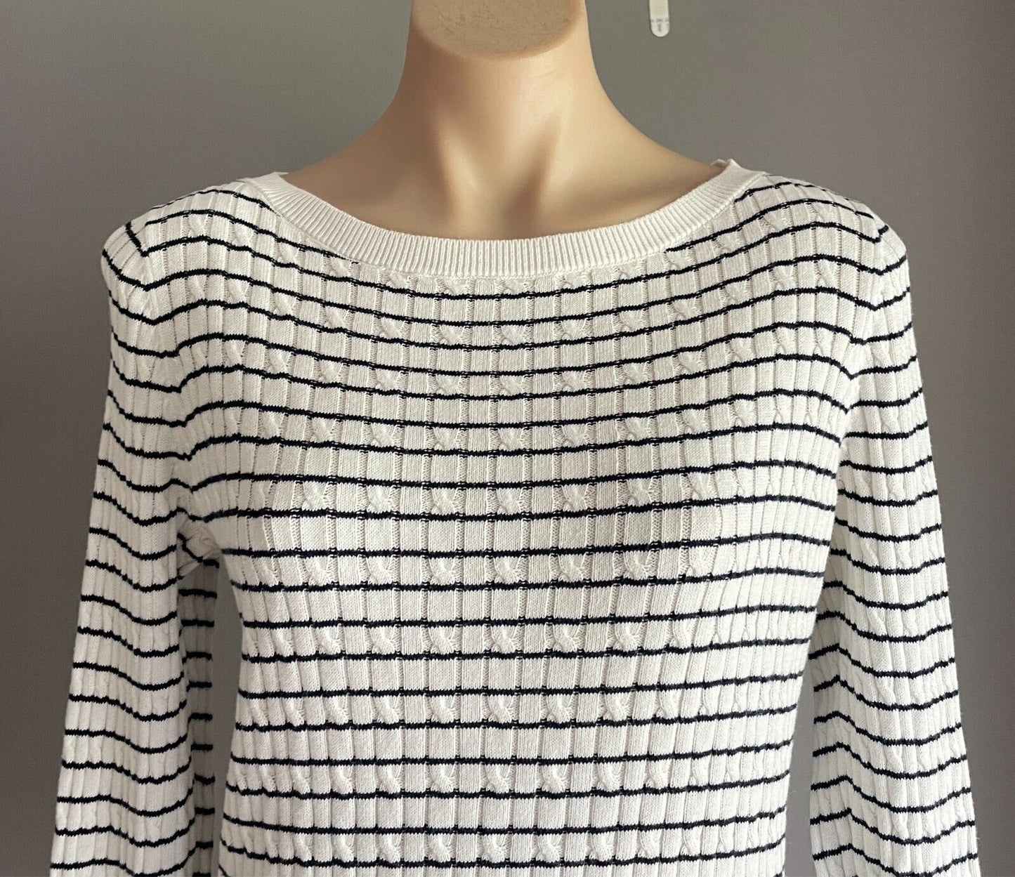 JNY JONES NEW YORK Cotton Knit Sweater Jumper Size L White Navy Stripe Boat Neck