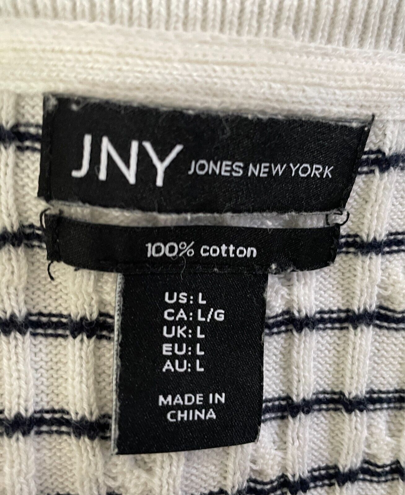JNY JONES NEW YORK Cotton Knit Sweater Jumper Size L White Navy Stripe Boat Neck