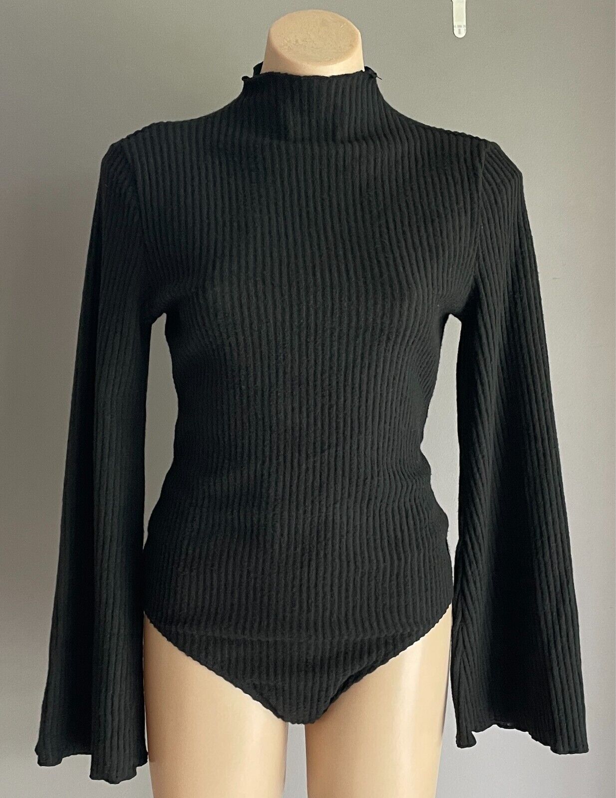 SHEIN Bodysuit Black Ribbed Fabric High Neck Size L Long Sleeves G-String Cut
