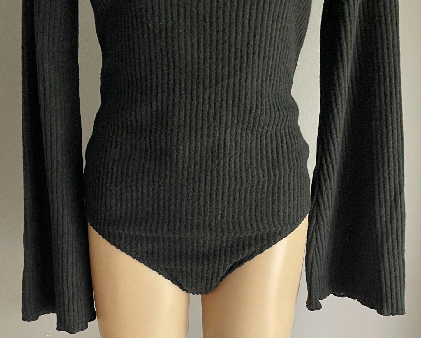 SHEIN Bodysuit Black Ribbed Fabric High Neck Size L Long Sleeves G-String Cut