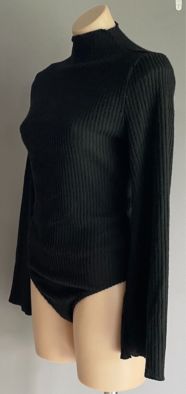 SHEIN Bodysuit Black Ribbed Fabric High Neck Size L Long Sleeves G-String Cut