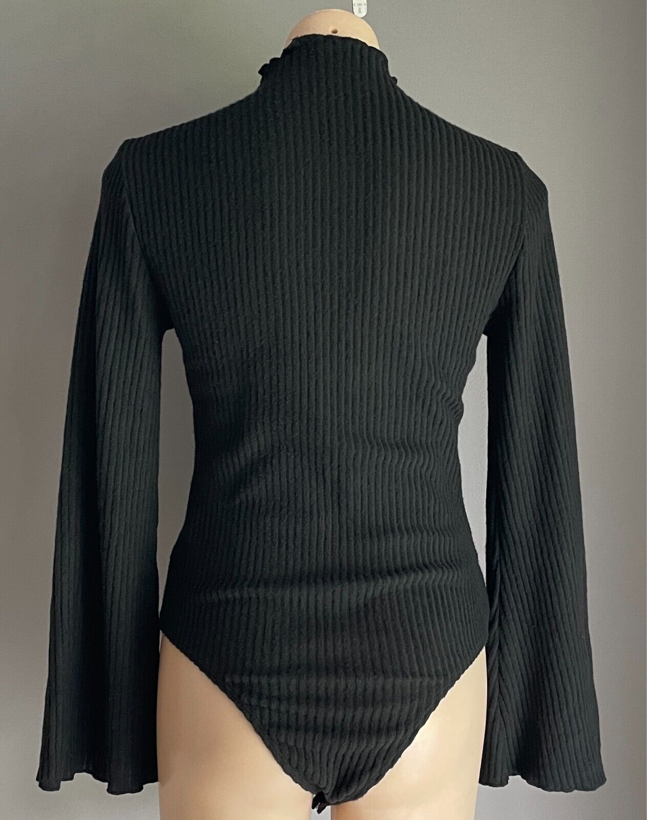 SHEIN Bodysuit Black Ribbed Fabric High Neck Size L Long Sleeves G-String Cut
