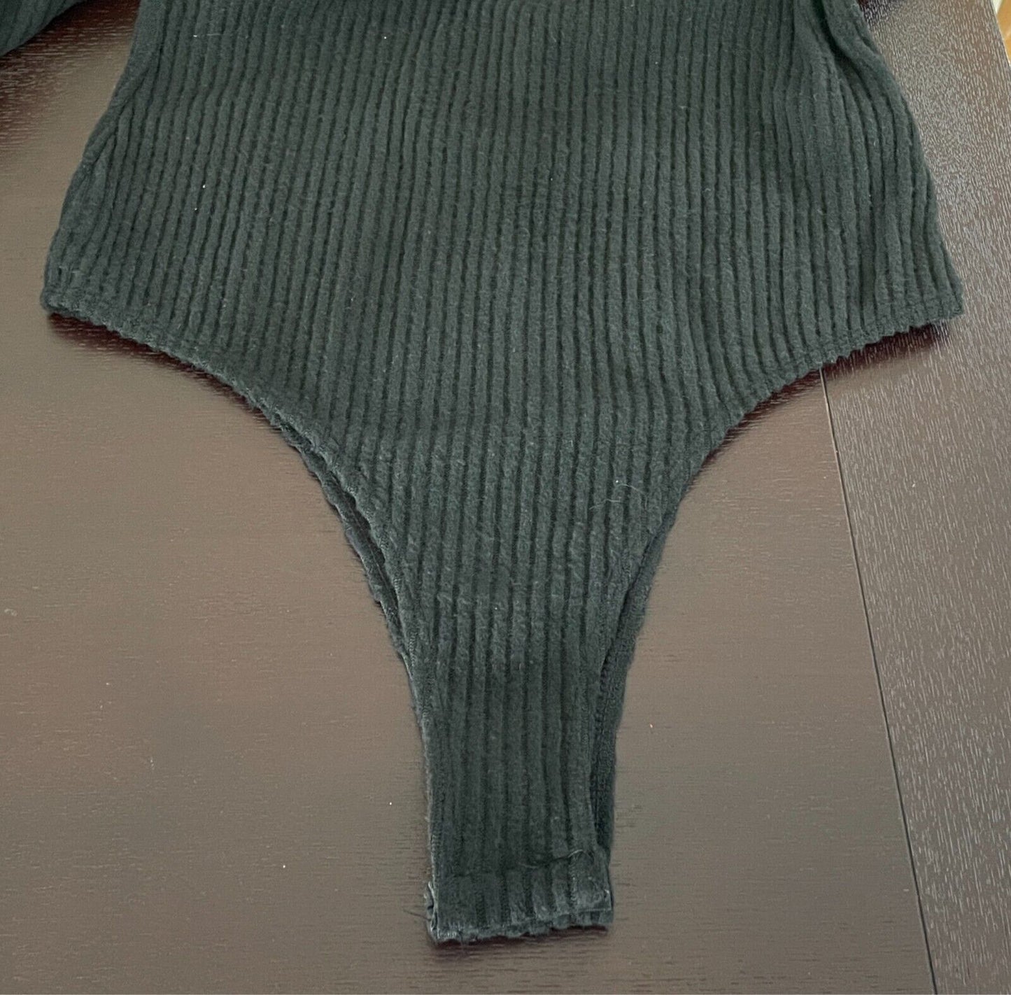 SHEIN Bodysuit Black Ribbed Fabric High Neck Size L Long Sleeves G-String Cut