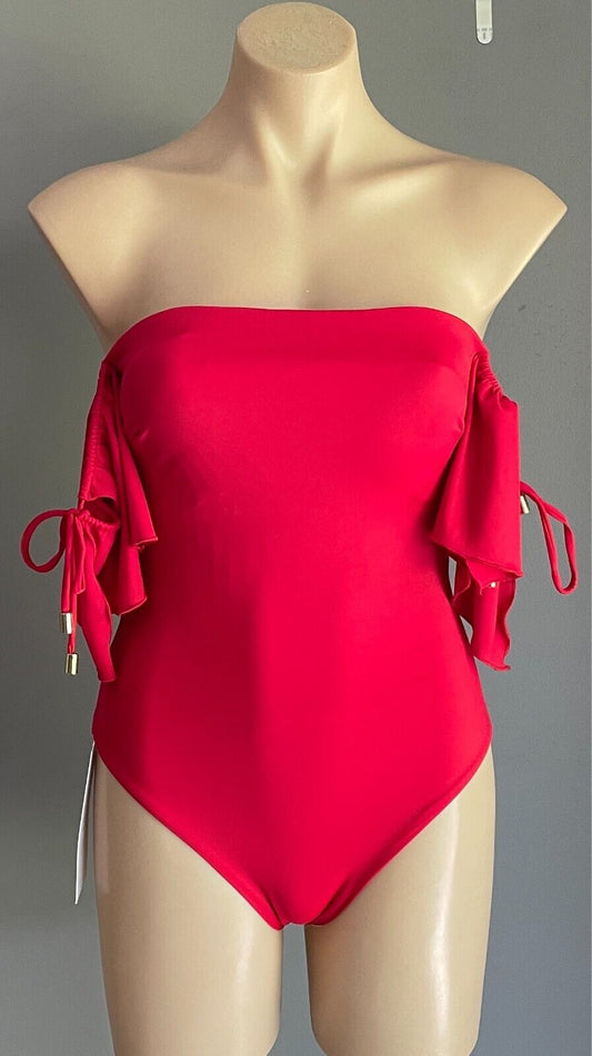 OCHIE Olivia Red OnePiece Swimsuit Size M 12 Tie Sleeve Criss Cross Lace Up NWT