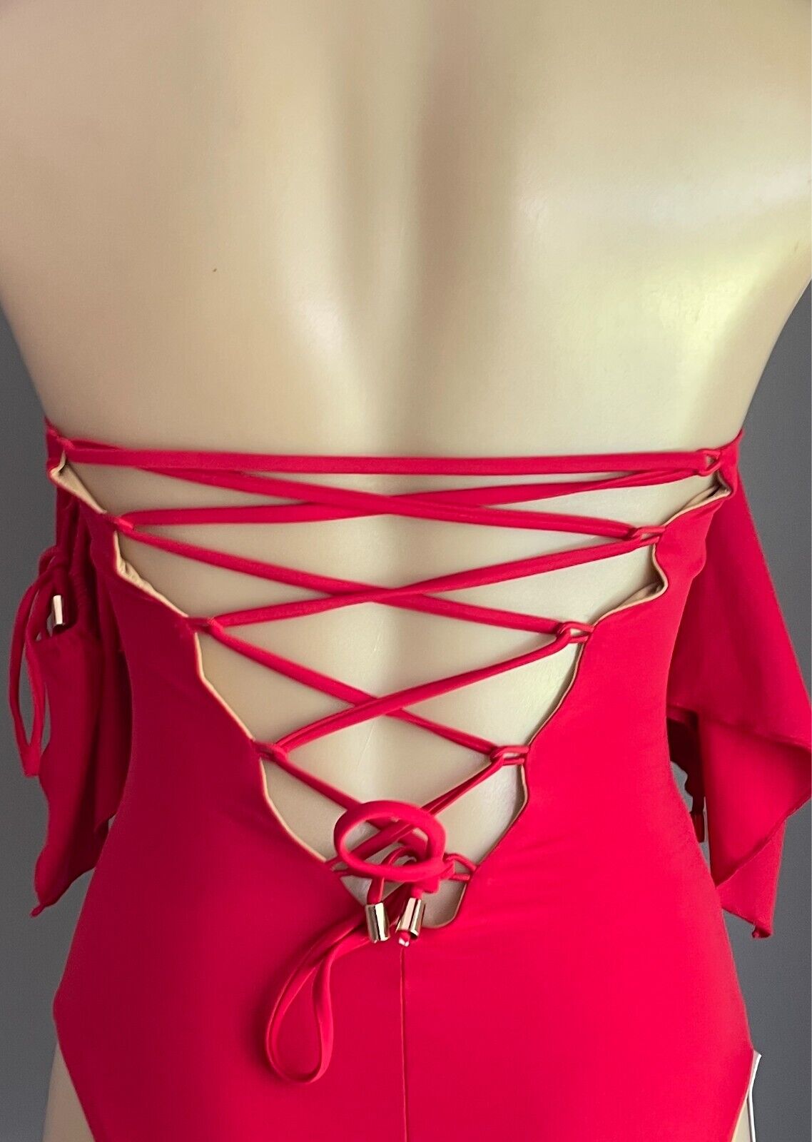 OCHIE Olivia Red OnePiece Swimsuit Size M 12 Tie Sleeve Criss Cross Lace Up NWT