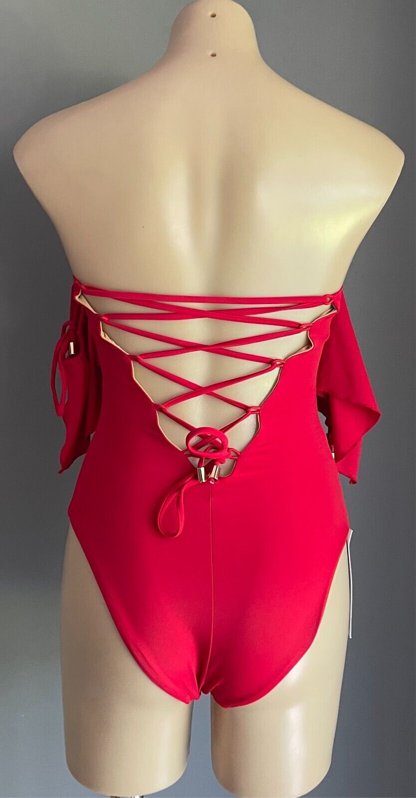 OCHIE Olivia Red OnePiece Swimsuit Size M 12 Tie Sleeve Criss Cross Lace Up NWT