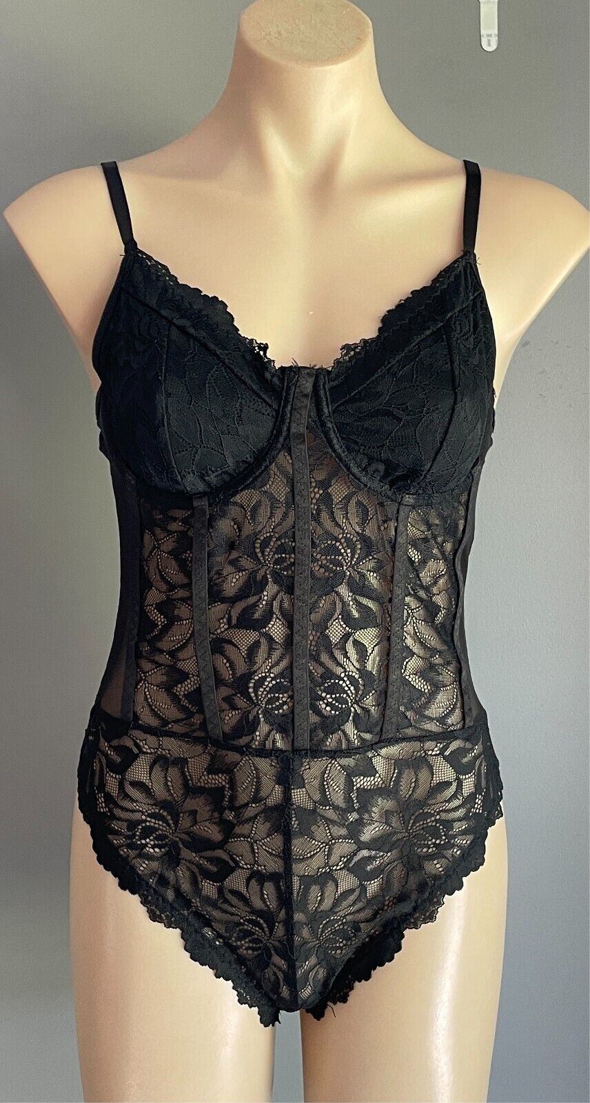 SHEIN Bodysuit Black Stretch Lace Bustier Cami Size L Adjustable Straps
