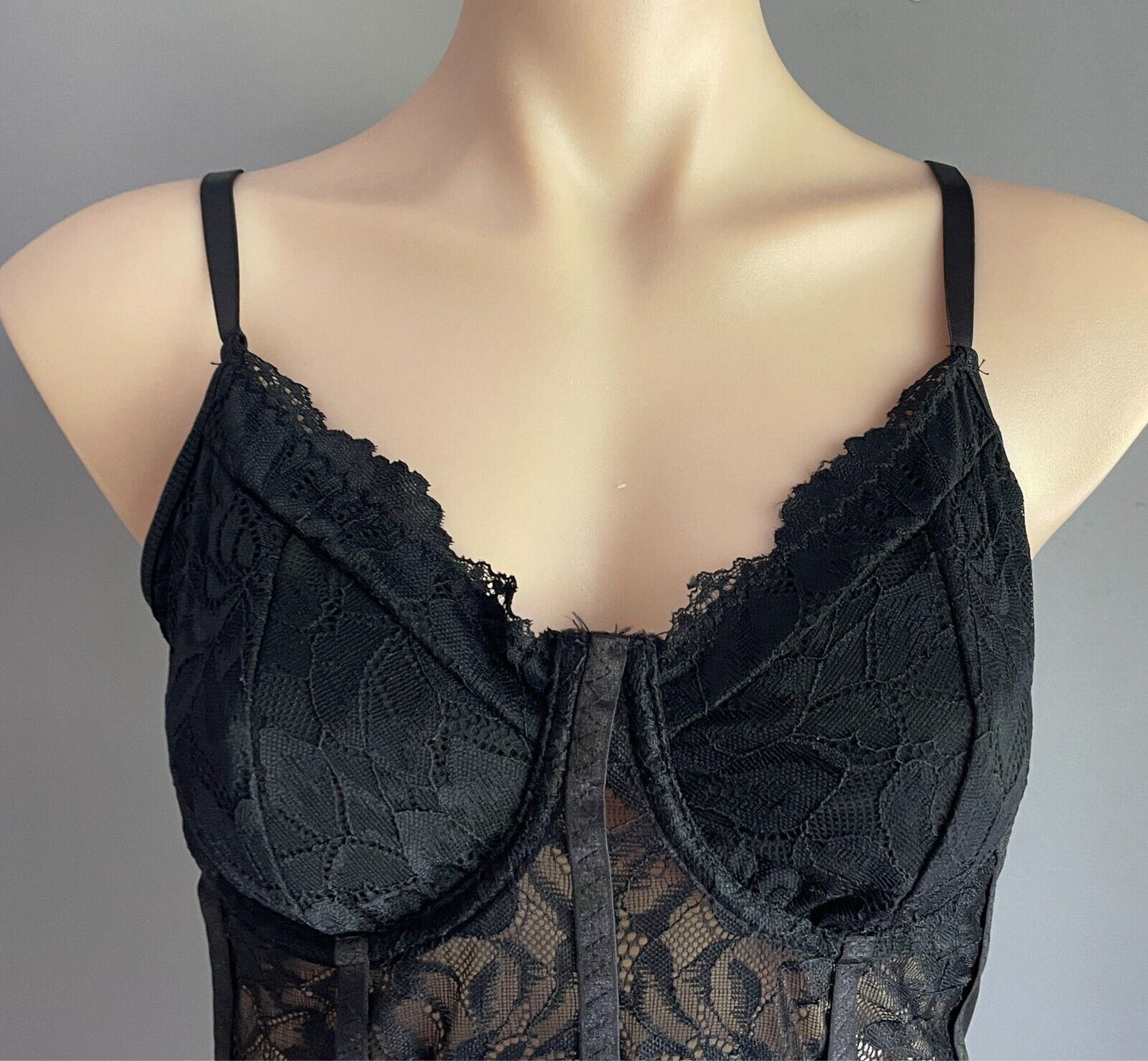 SHEIN Bodysuit Black Stretch Lace Bustier Cami Size L Adjustable Straps