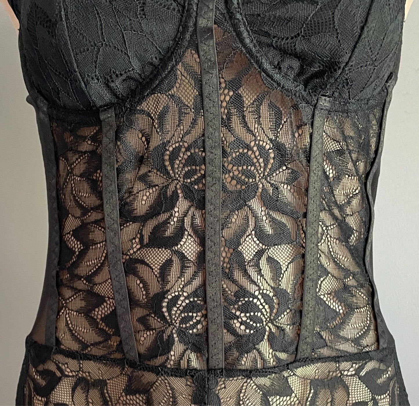 SHEIN Bodysuit Black Stretch Lace Bustier Cami Size L Adjustable Straps