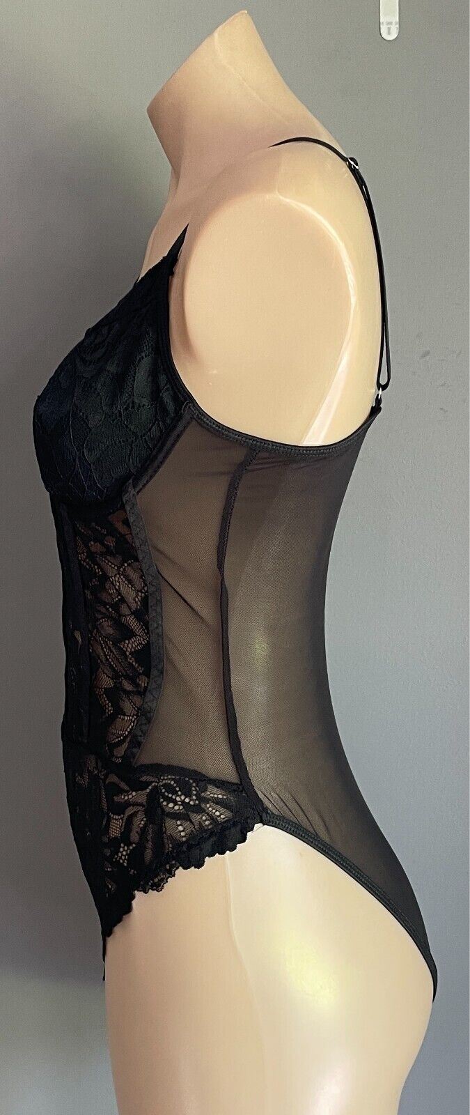 SHEIN Bodysuit Black Stretch Lace Bustier Cami Size L Adjustable Straps