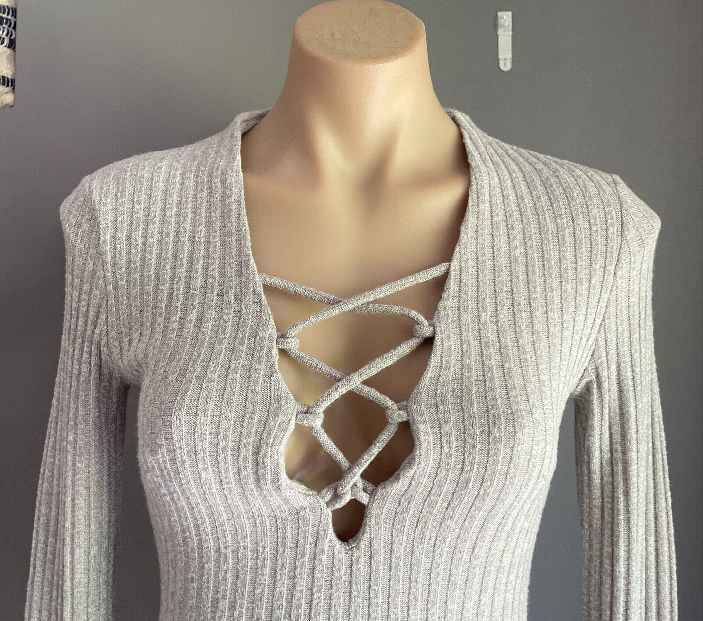 WHOIAM Bodysuit GreySize 10 Long Sleeve Criss Cross V-Neck Rib Stretch Fabric