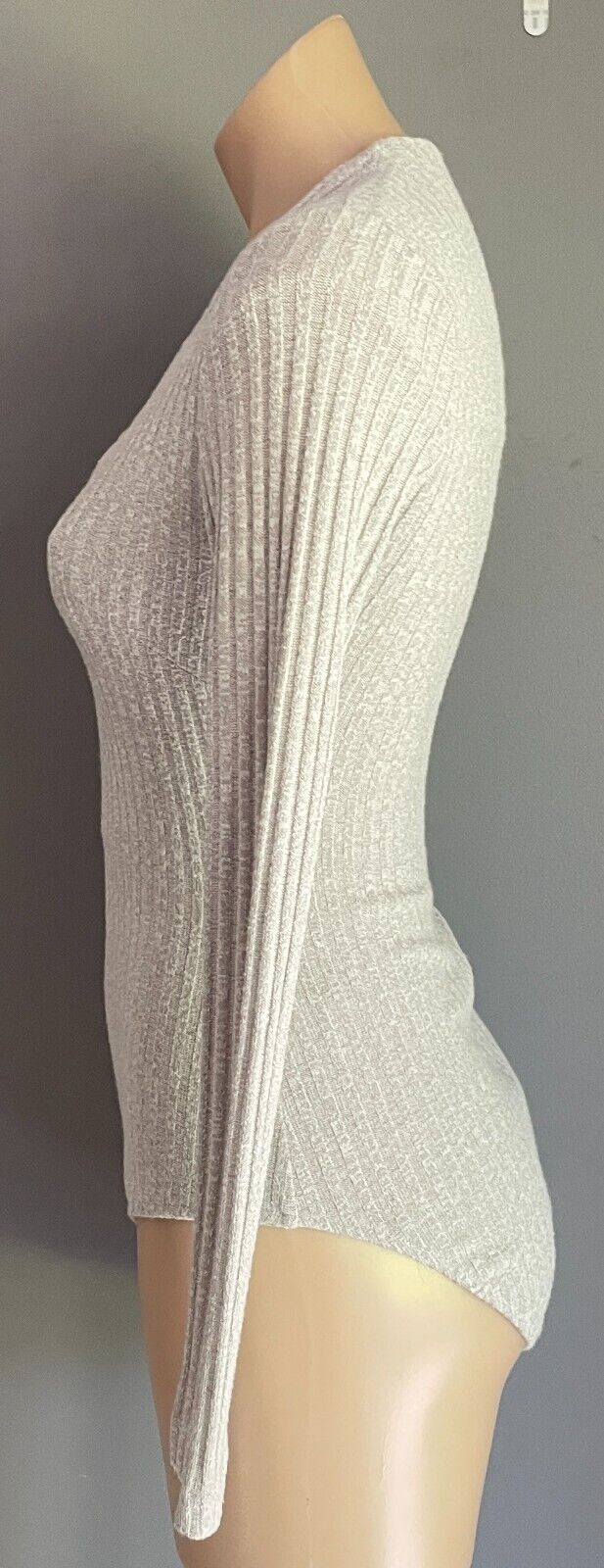 WHOIAM Bodysuit GreySize 10 Long Sleeve Criss Cross V-Neck Rib Stretch Fabric