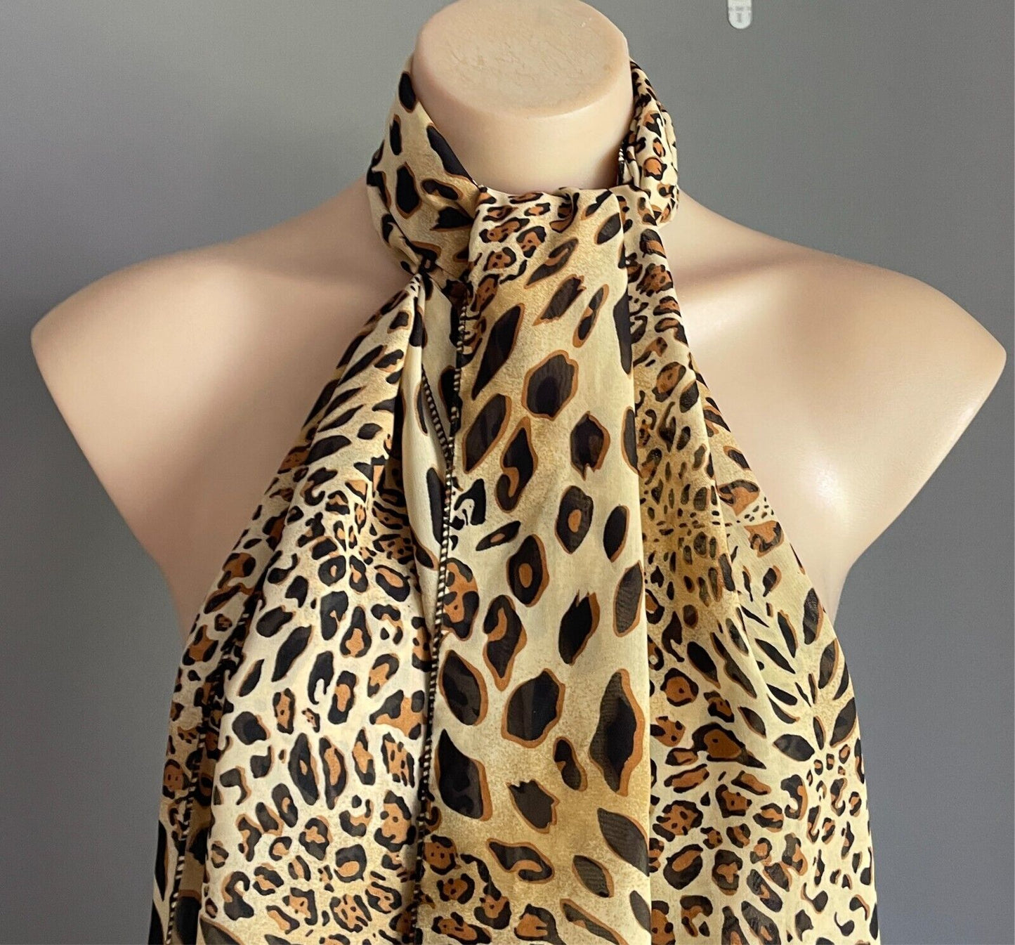 Animal Print Lightweight Rectangle Scarf 45cm x 164cm Beige Brown Black Handmade