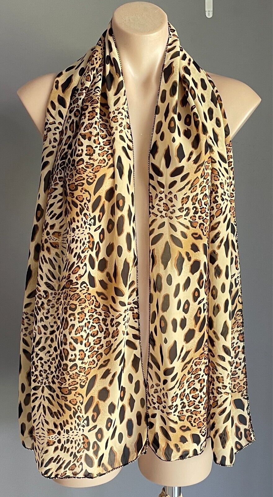 Animal Print Lightweight Rectangle Scarf 45cm x 164cm Beige Brown Black Handmade