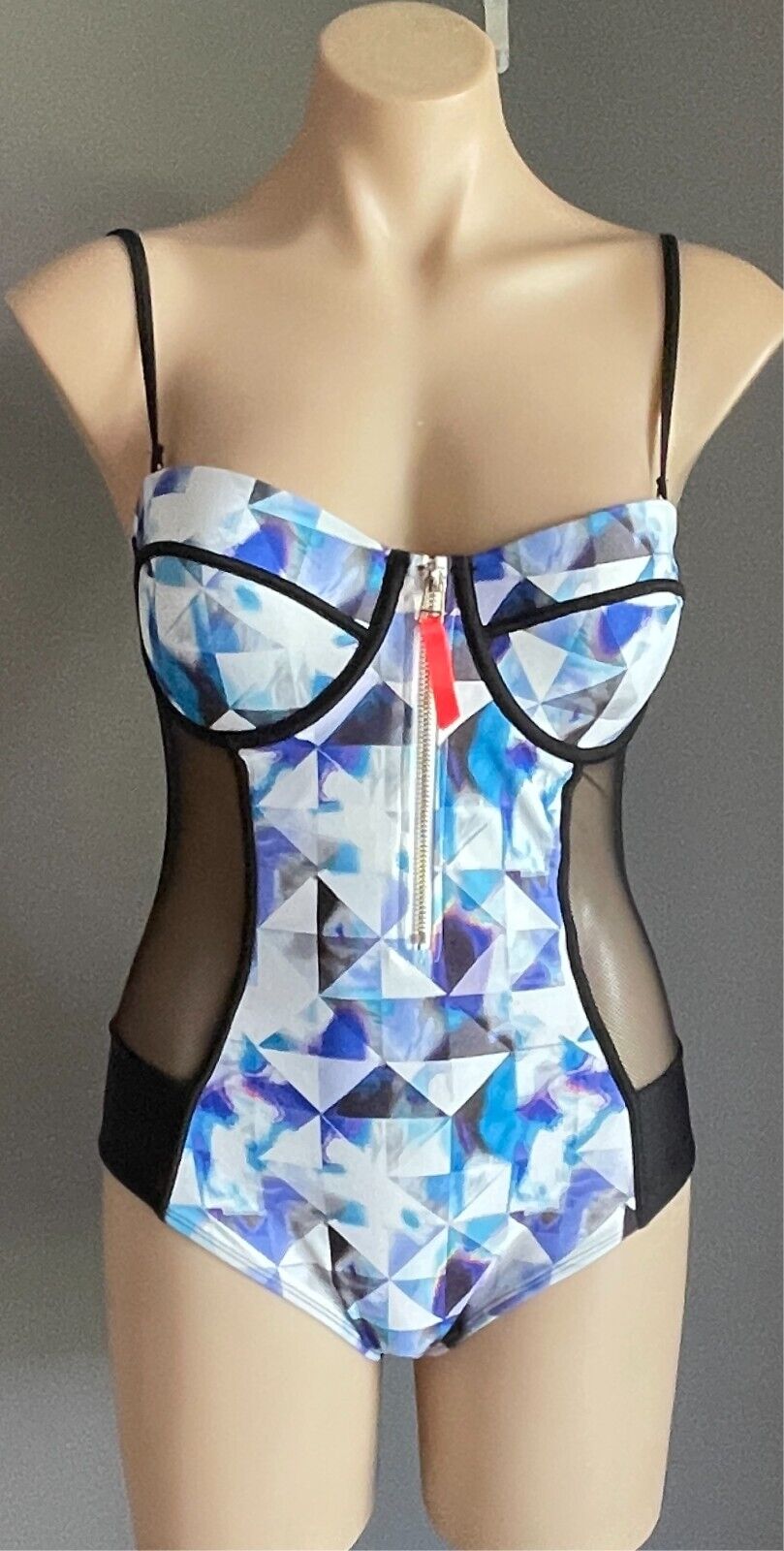 RIVER ISLAND Black & Contrast Print One Piece Swimsuit Size 12 Moulded Cups Zip