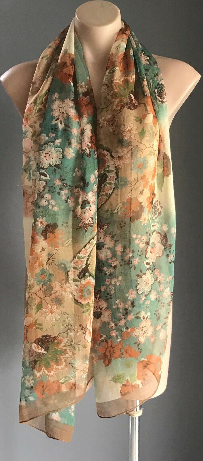 Vintage Long SCARF Brown Green Cream Orange Floral Print Semi Sheer Flower 169cm