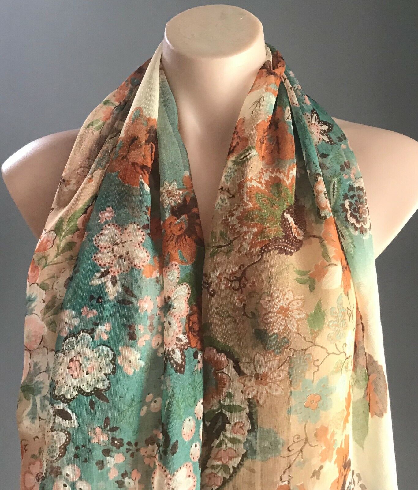 Vintage Long SCARF Brown Green Cream Orange Floral Print Semi Sheer Flower 169cm