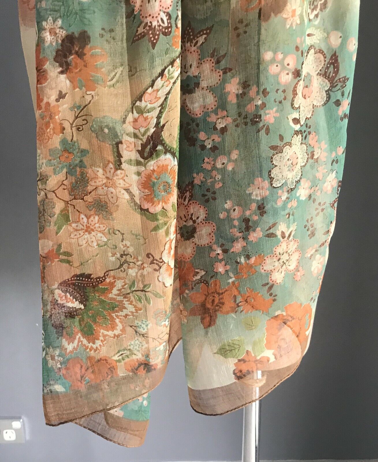 Vintage Long SCARF Brown Green Cream Orange Floral Print Semi Sheer Flower 169cm