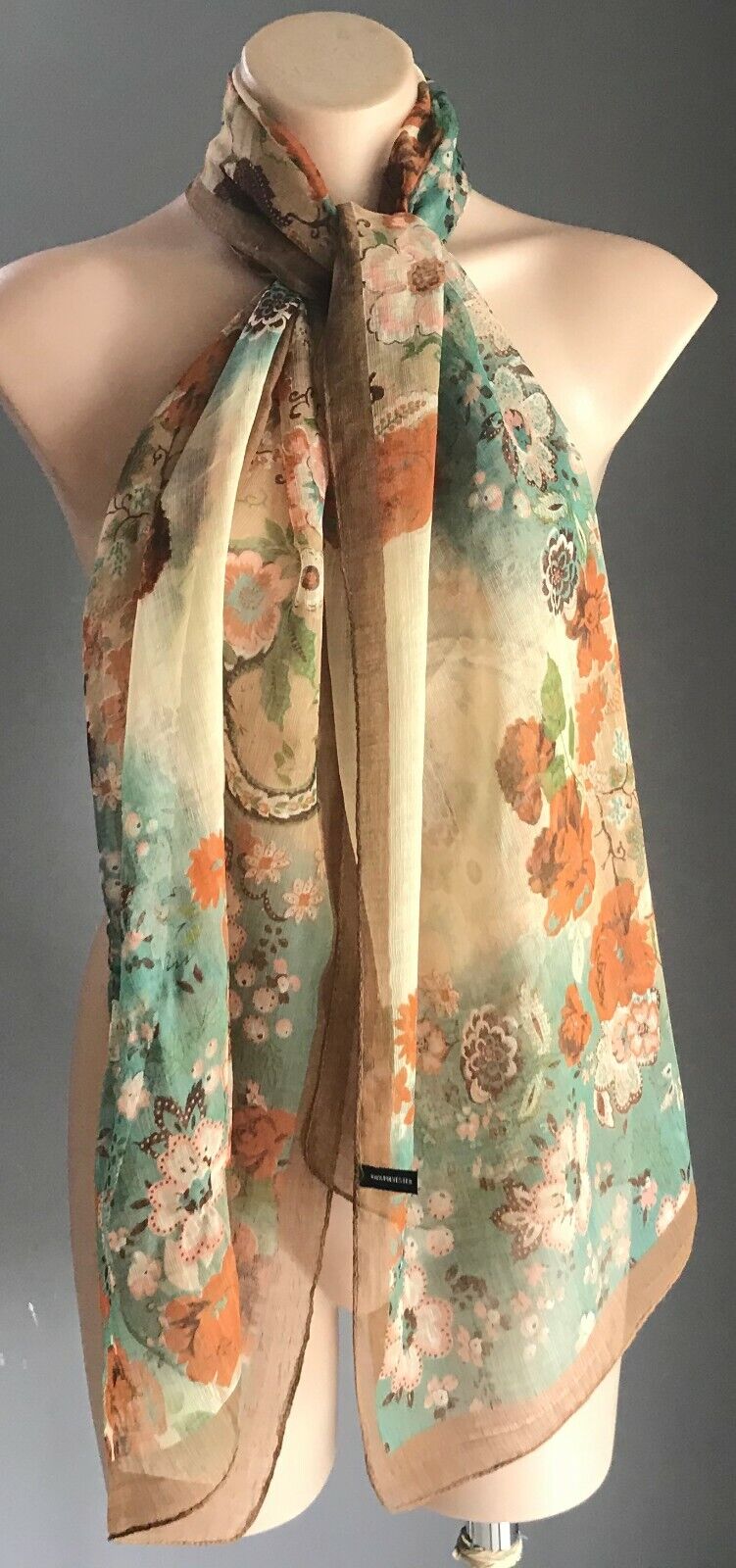 Vintage Long SCARF Brown Green Cream Orange Floral Print Semi Sheer Flower 169cm