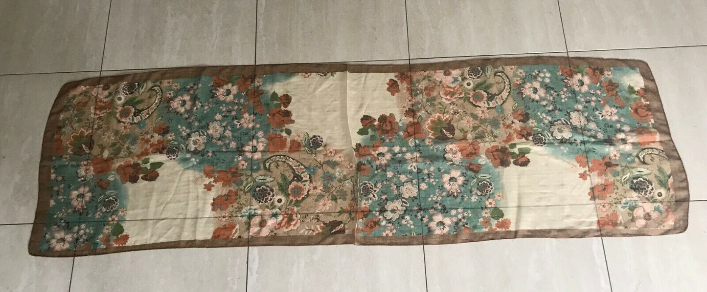 Vintage Long SCARF Brown Green Cream Orange Floral Print Semi Sheer Flower 169cm