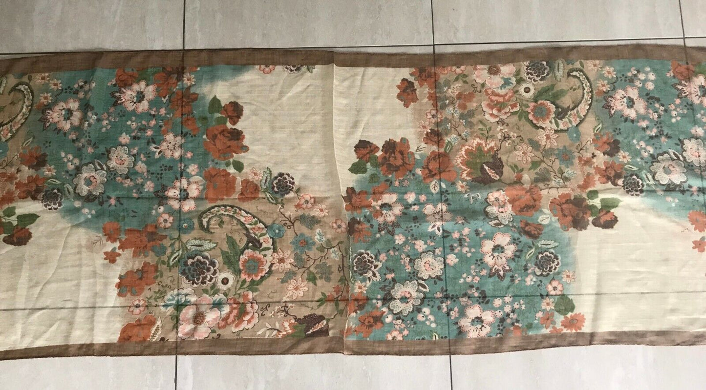 Vintage Long SCARF Brown Green Cream Orange Floral Print Semi Sheer Flower 169cm