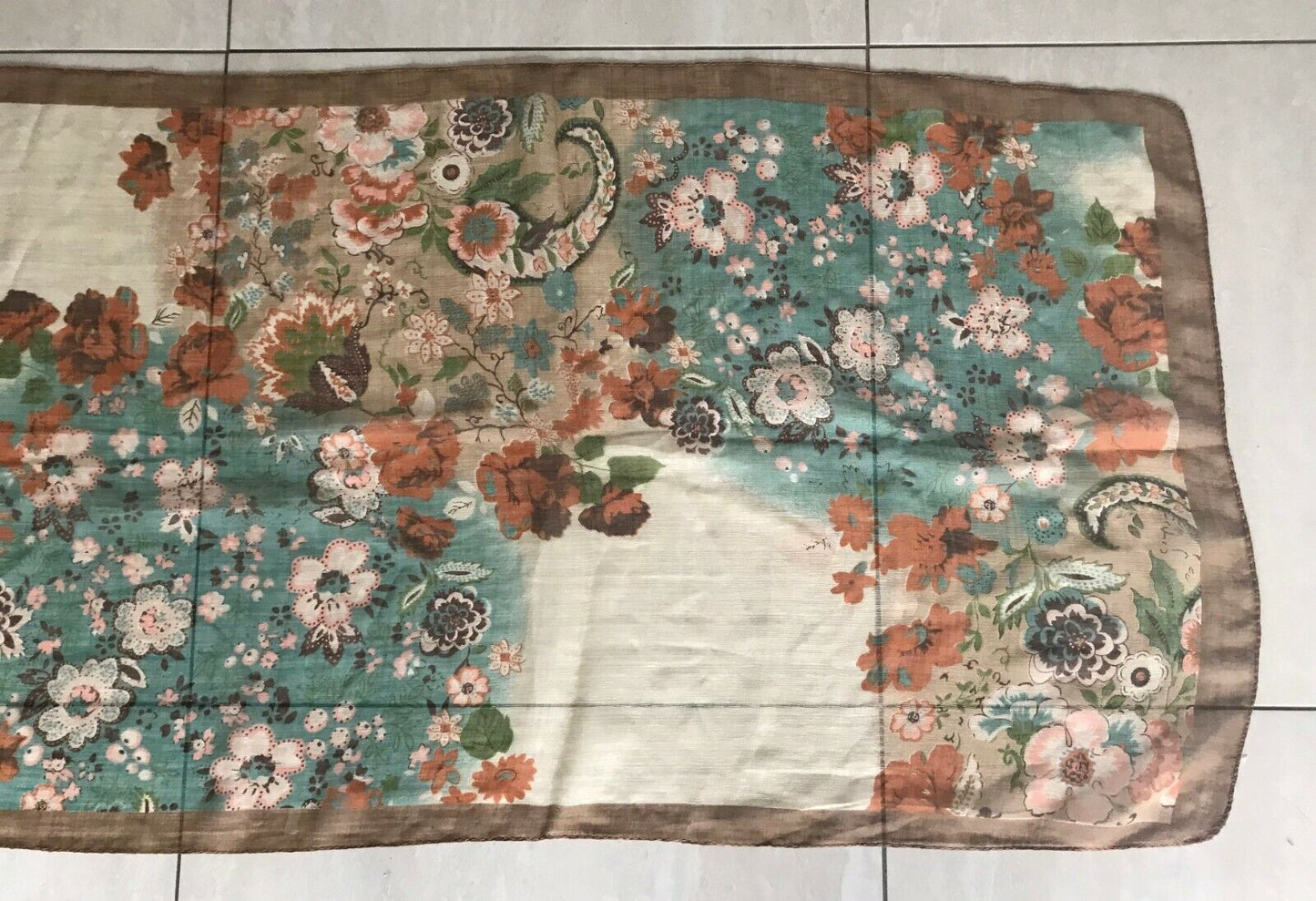 Vintage Long SCARF Brown Green Cream Orange Floral Print Semi Sheer Flower 169cm