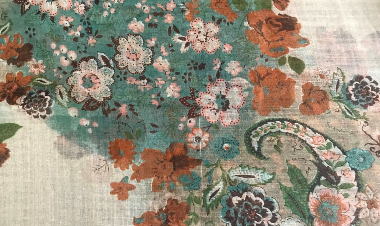 Vintage Long SCARF Brown Green Cream Orange Floral Print Semi Sheer Flower 169cm
