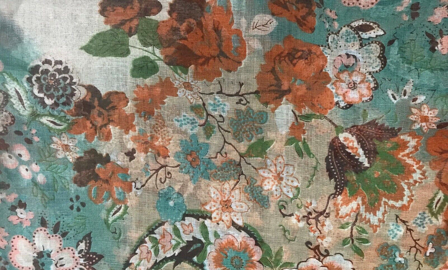 Vintage Long SCARF Brown Green Cream Orange Floral Print Semi Sheer Flower 169cm