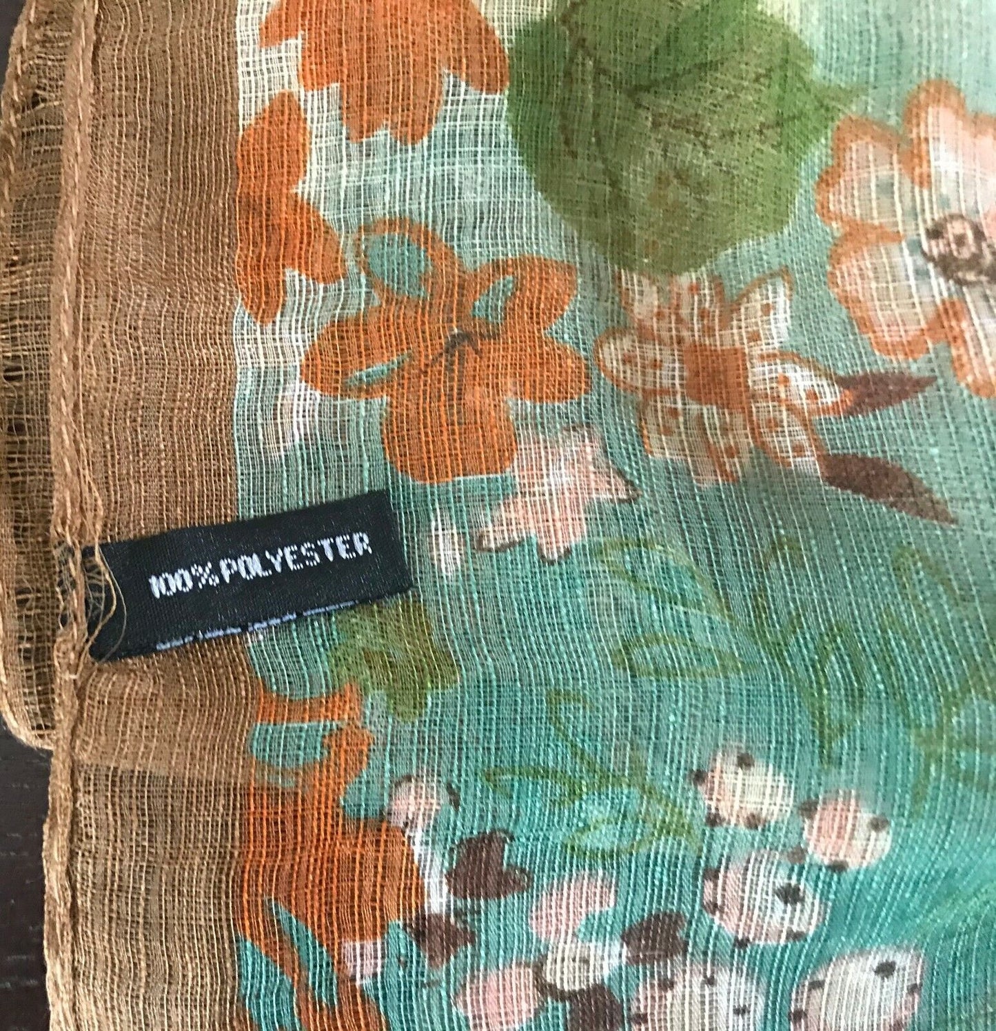 Vintage Long SCARF Brown Green Cream Orange Floral Print Semi Sheer Flower 169cm