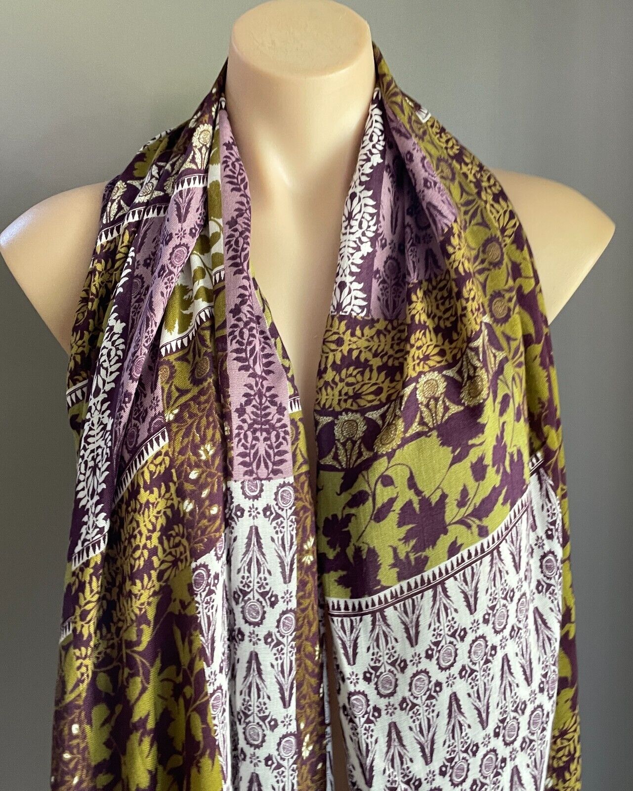 Neck Scarf Purple Mauve Khaki White Patchwork  Lightweight Rectangle 72 x204cm