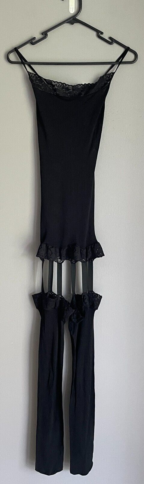 Body Stocking Black Nylon Stretch Full Lace Trim Garter Look Size 10 Crotchless
