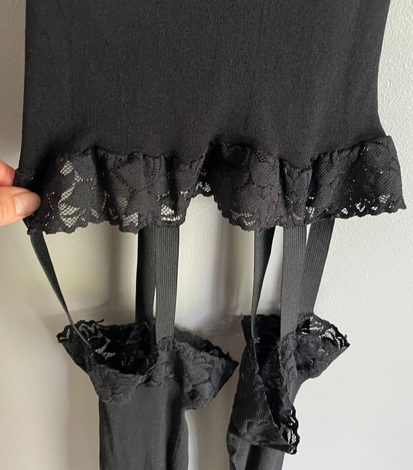 Body Stocking Black Nylon Stretch Full Lace Trim Garter Look Size 10 Crotchless