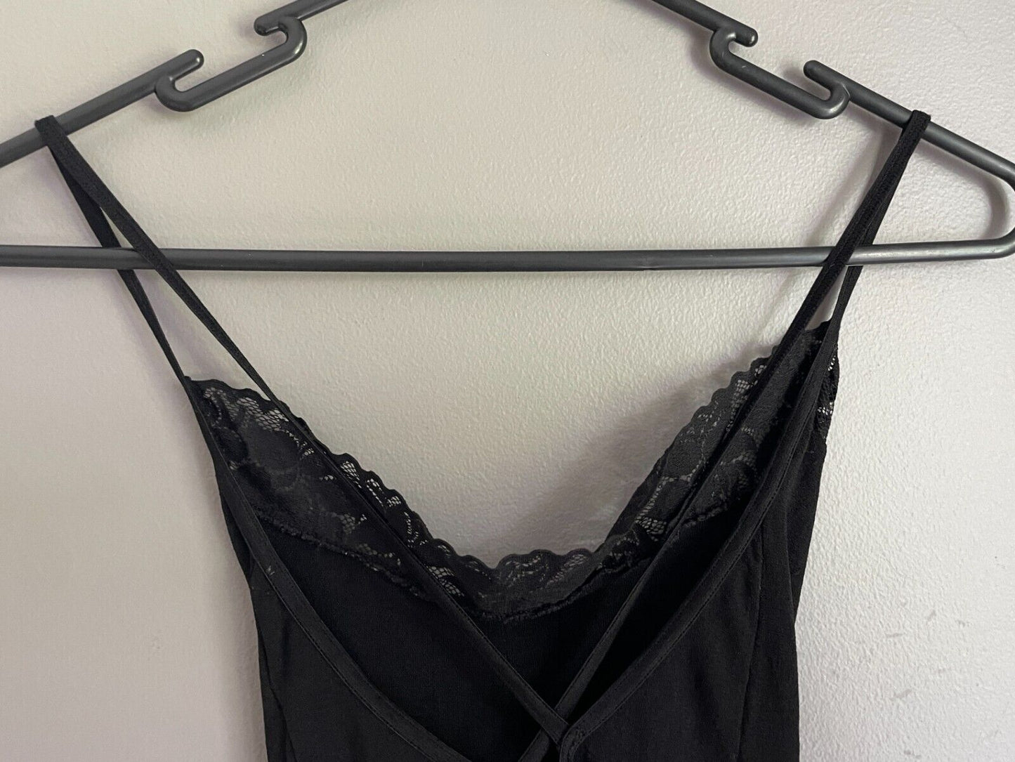 Body Stocking Black Nylon Stretch Full Lace Trim Garter Look Size 10 Crotchless