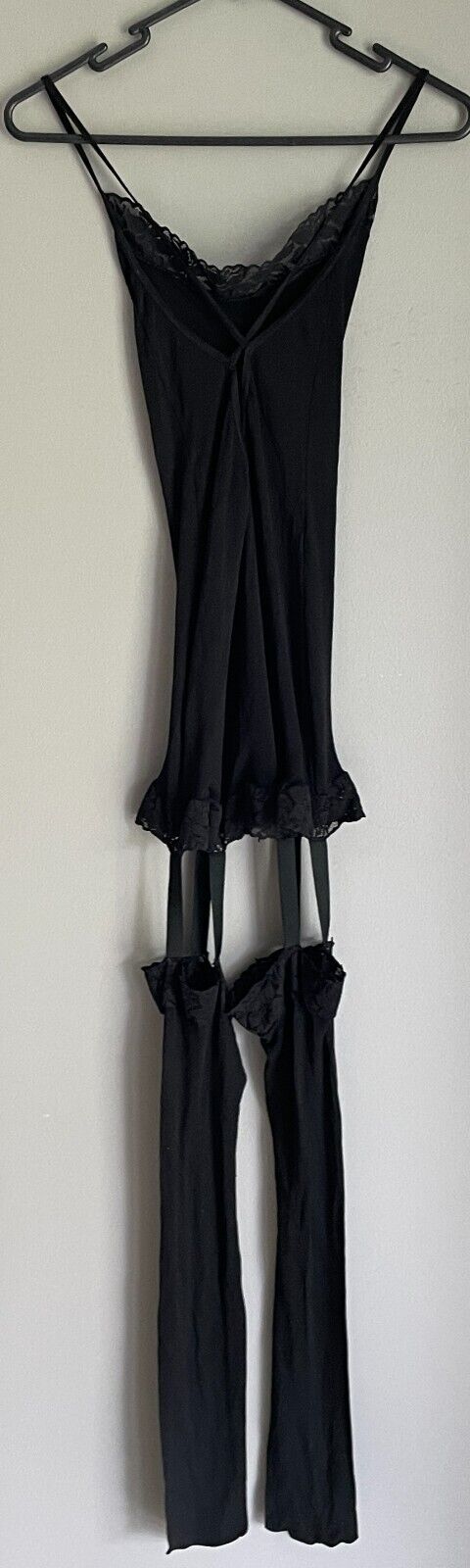 Body Stocking Black Nylon Stretch Full Lace Trim Garter Look Size 10 Crotchless