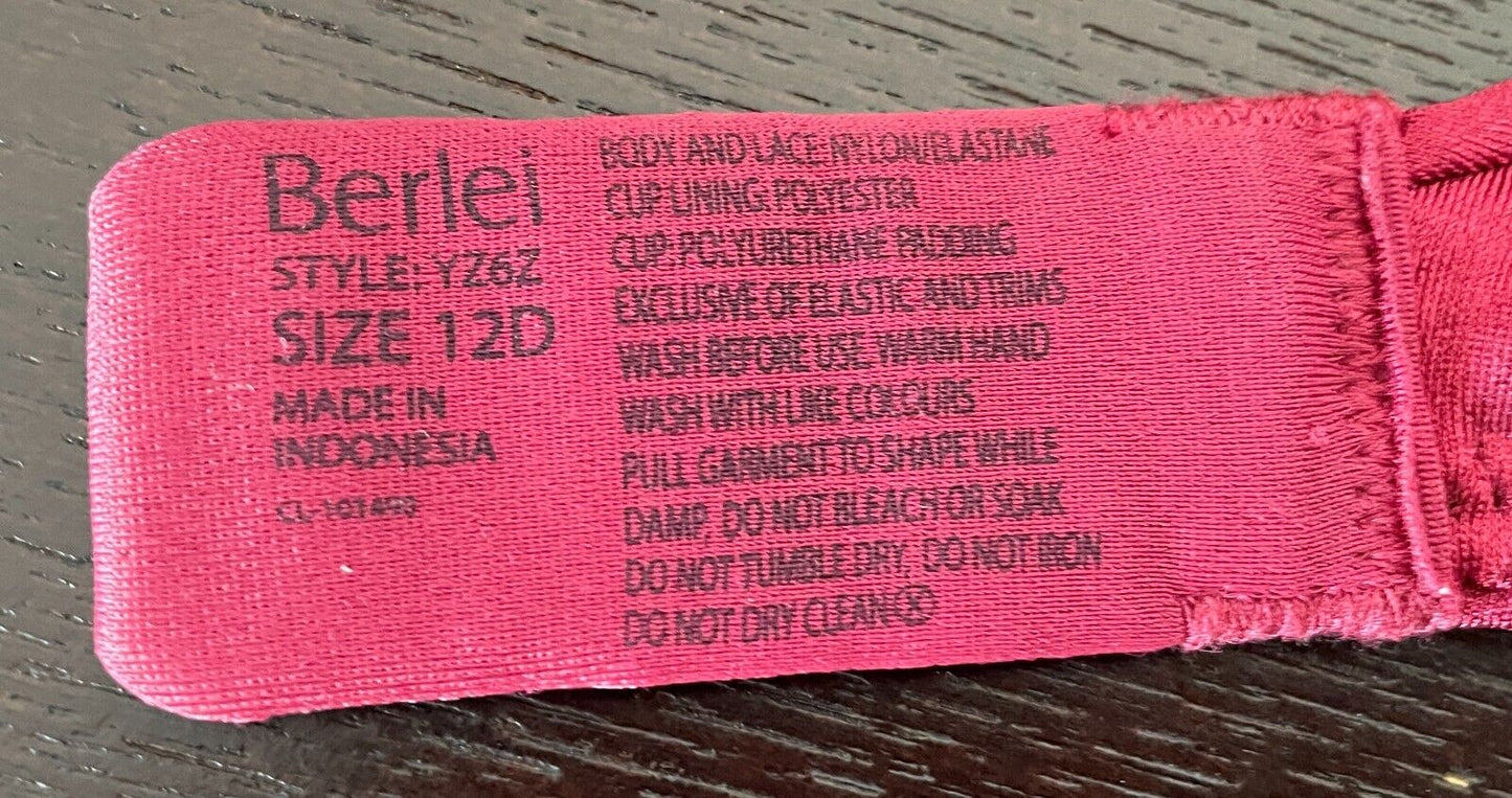 BERLEI Barely There Contour T Shirt Bra Burgundy Underwire Lace Trim Size 12 D