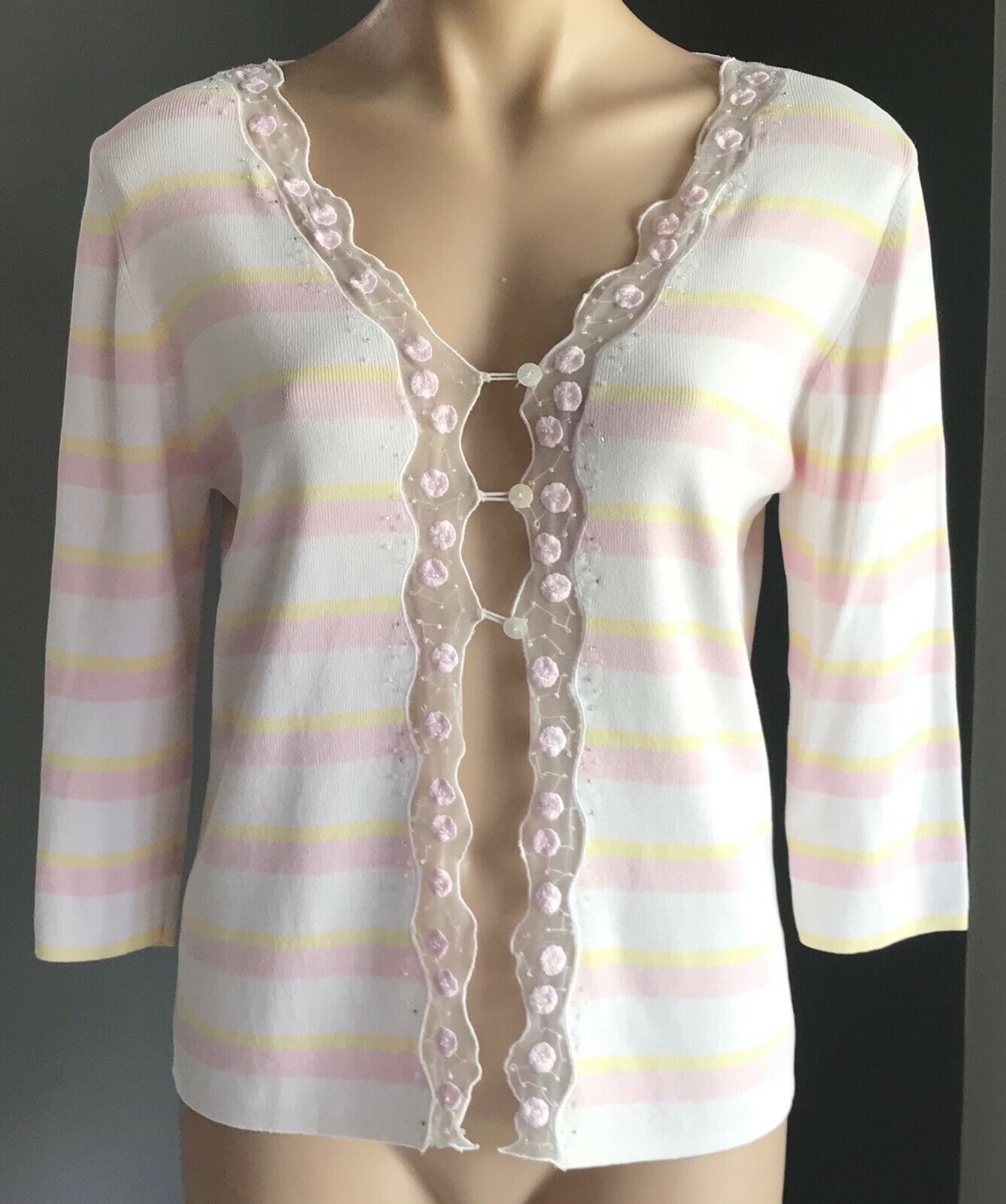 SKY DESIGNS Cardigan Pastel Pink Yellow & White Stripe Knit 3/4 Sleeve Size M 12