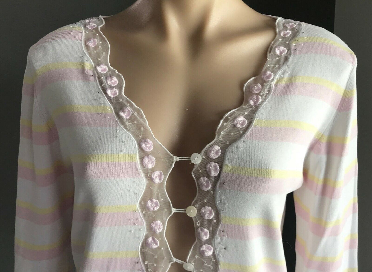 SKY DESIGNS Cardigan Pastel Pink Yellow & White Stripe Knit 3/4 Sleeve Size M 12