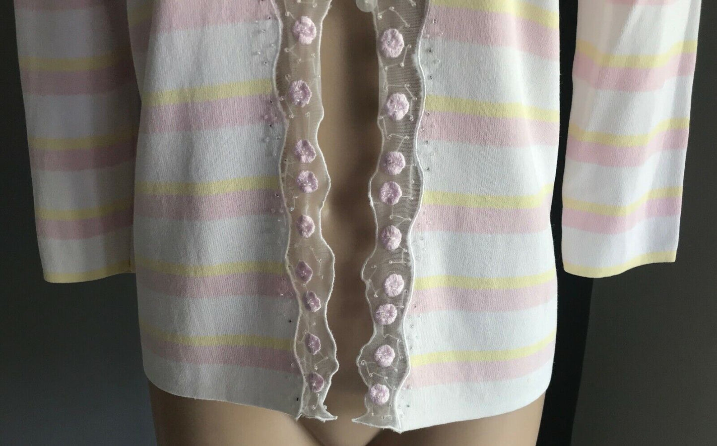 SKY DESIGNS Cardigan Pastel Pink Yellow & White Stripe Knit 3/4 Sleeve Size M 12
