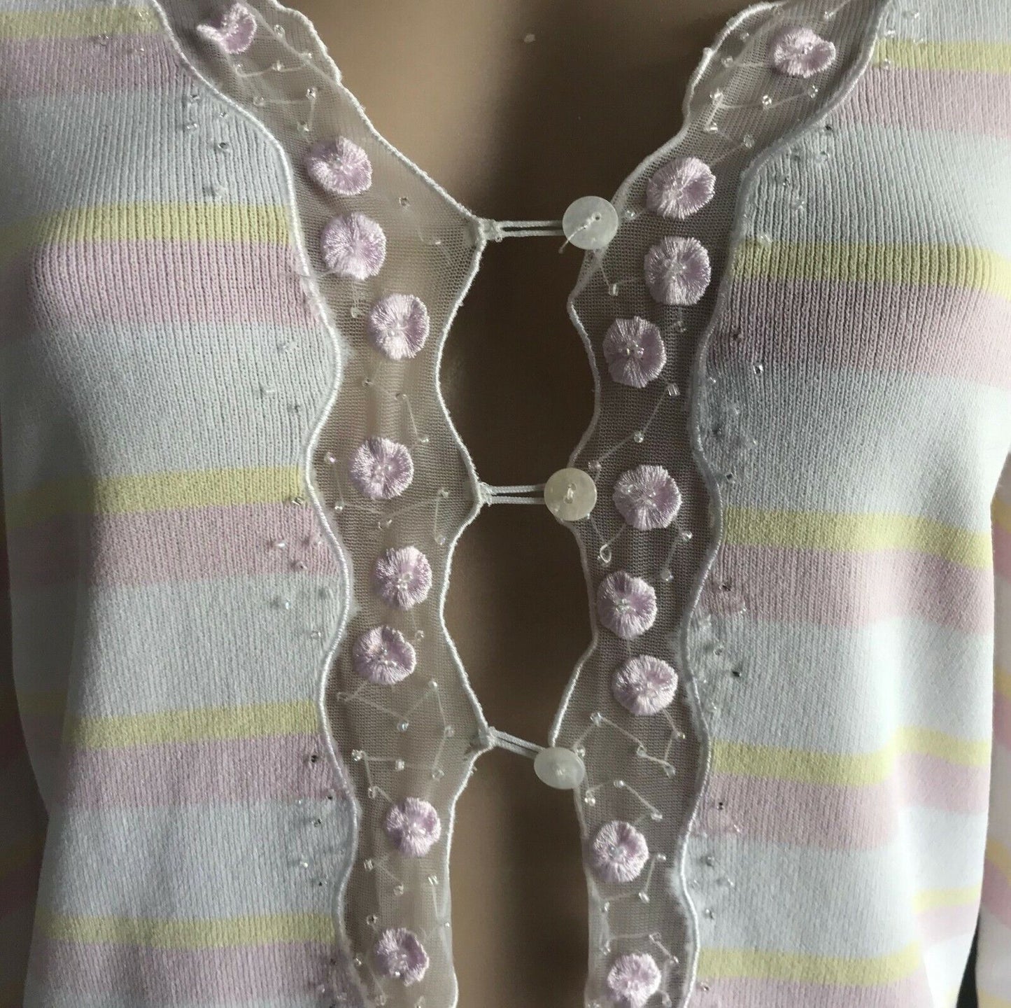 SKY DESIGNS Cardigan Pastel Pink Yellow & White Stripe Knit 3/4 Sleeve Size M 12